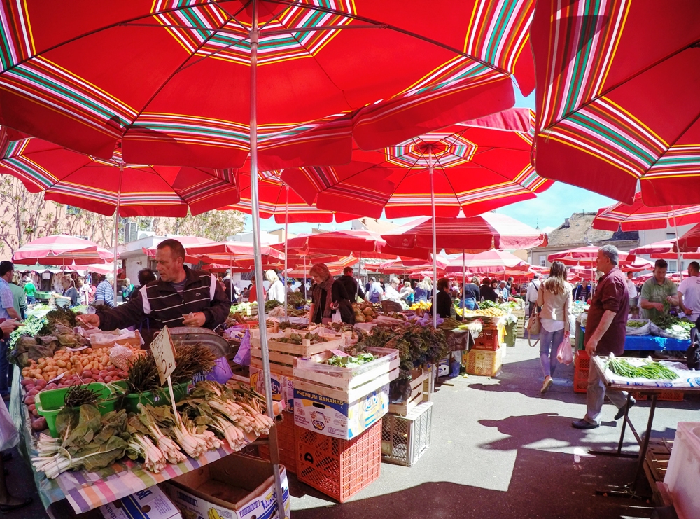 Traditional red parasols with recognizable pattern