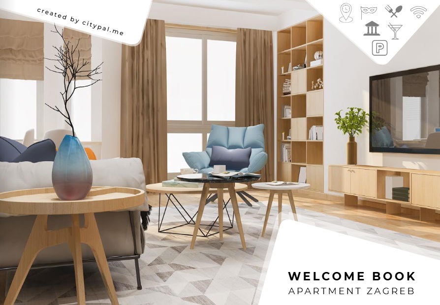 Naslovna stranica digitalne welcome book knjižice za apartman s prikazom interijera